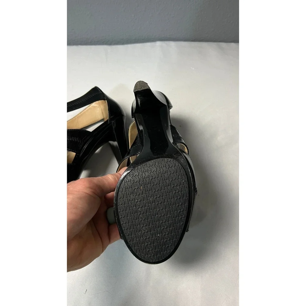 Michael Kors Black Patent Leather Front Zip Cage Sandals Heels PW18K Strapy‎ 8M